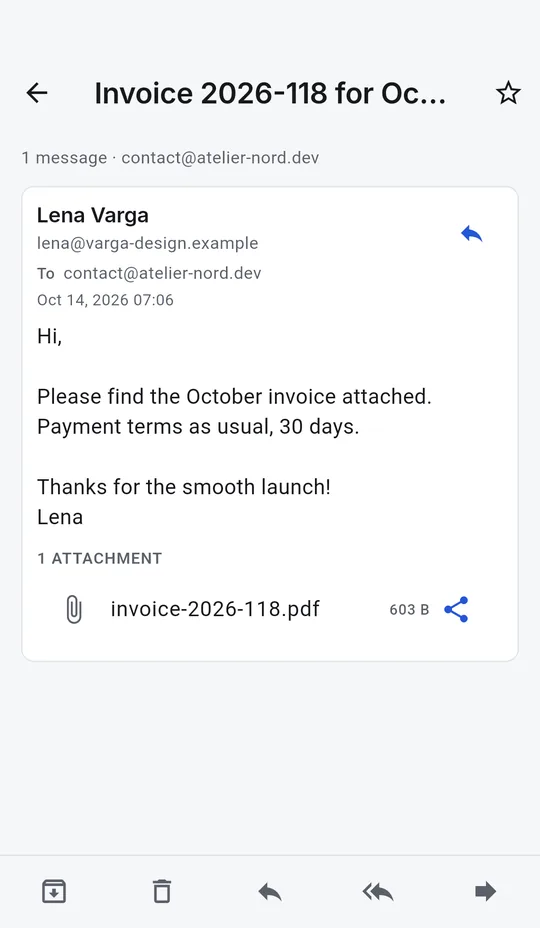 Android: A message with a PDF invoice attached.