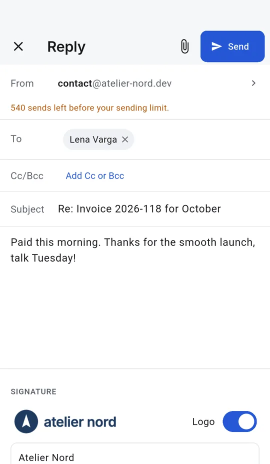 Android: A reply from contact@ on the user's domain, with the domain's signature and logo.