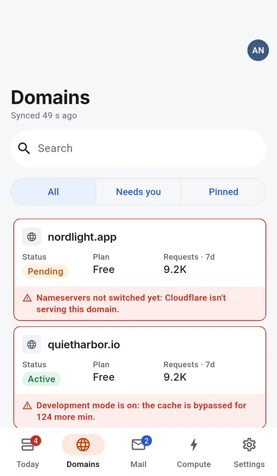 Android: The domains: status, plan and requests over seven days.
