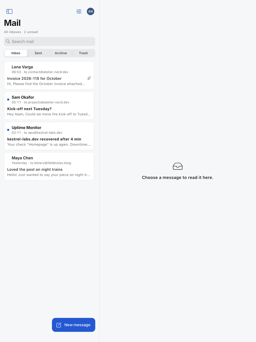 iPad: The inbox: mail to several addresses on the user's domains.
