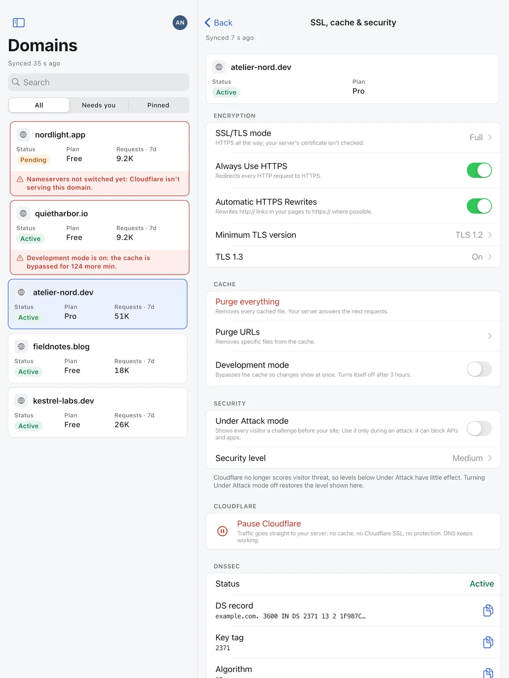 iPad: A domain's SSL, cache and security settings.