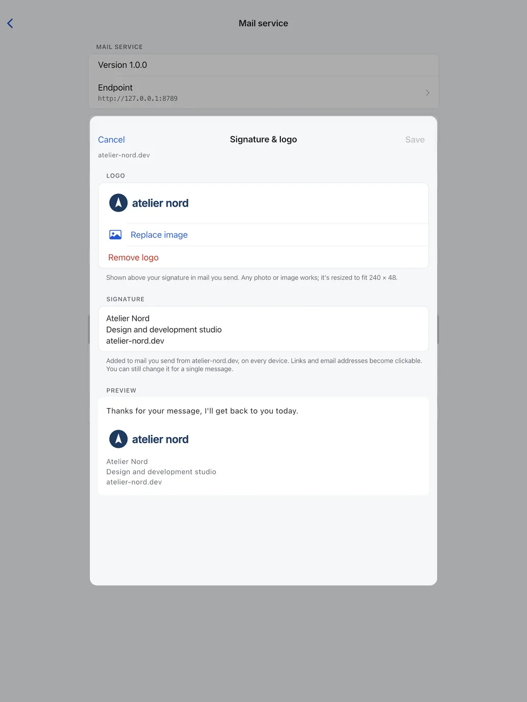 iPad: A domain's signature and logo, with a preview.