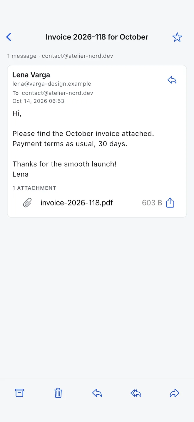 A message thread with a PDF invoice attached, and reply, archive and delete actions.